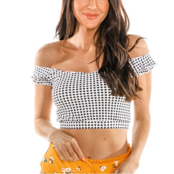 Coral Reef White/Black Gingham On/Off Shoulder Swim Bikini Top Xxs